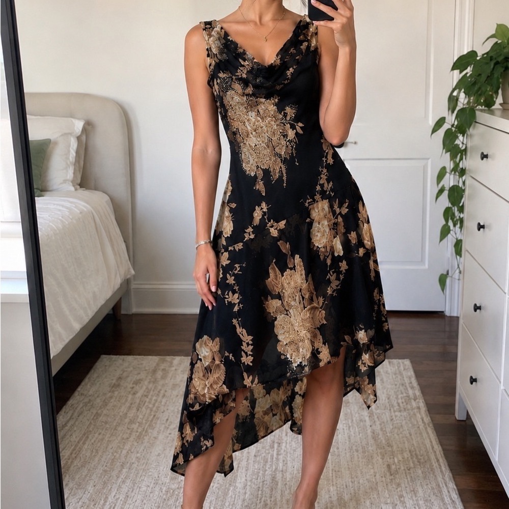 VTG floral‎ beaded lace fairy asymmetrical slip dress L whimsy dark romantic